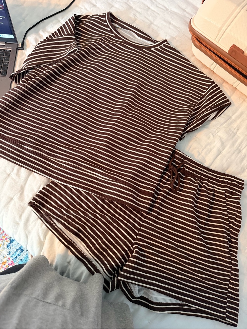 Women’s Brown & White Stripe Set - Short Sleeve Top & Shorts